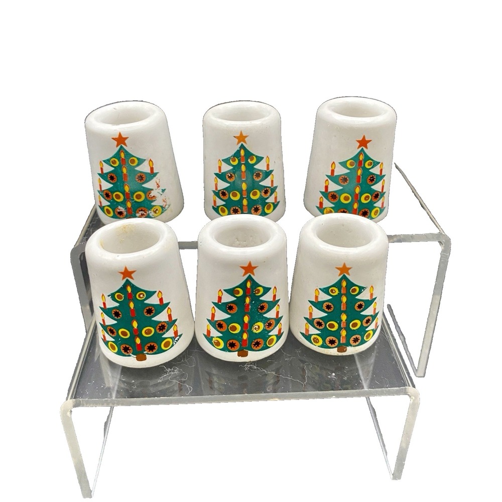 Vintage Ceramic Christmas Tree Chime Candle Holder Set of 6 White Green Red *